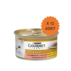 Gourmet Gold Sos İçerisinde Parça Etli Somonlu ve Tavuklu Yetişkin Kedi Konservesi 85Gr X 12 Adet