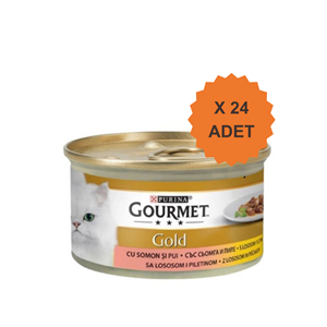 Gourmet Gold Sos İçerisinde Parça Etli Somonlu ve Tavuklu Yetişkin Kedi Konservesi 85Gr X 24 Adet