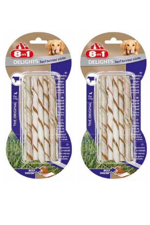8in1 Delights Beff Twisted Sticks Biftekli Burgu Çubuk Köpek Ödül Kemiği 55Gr X 2 Adet
