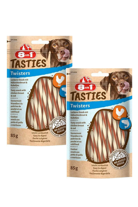 8in1 Tasties Twisters Tavuklu ve Balıklı Burgu Çubuk Köpek Ödül Maması 85Gr X 2 Adet