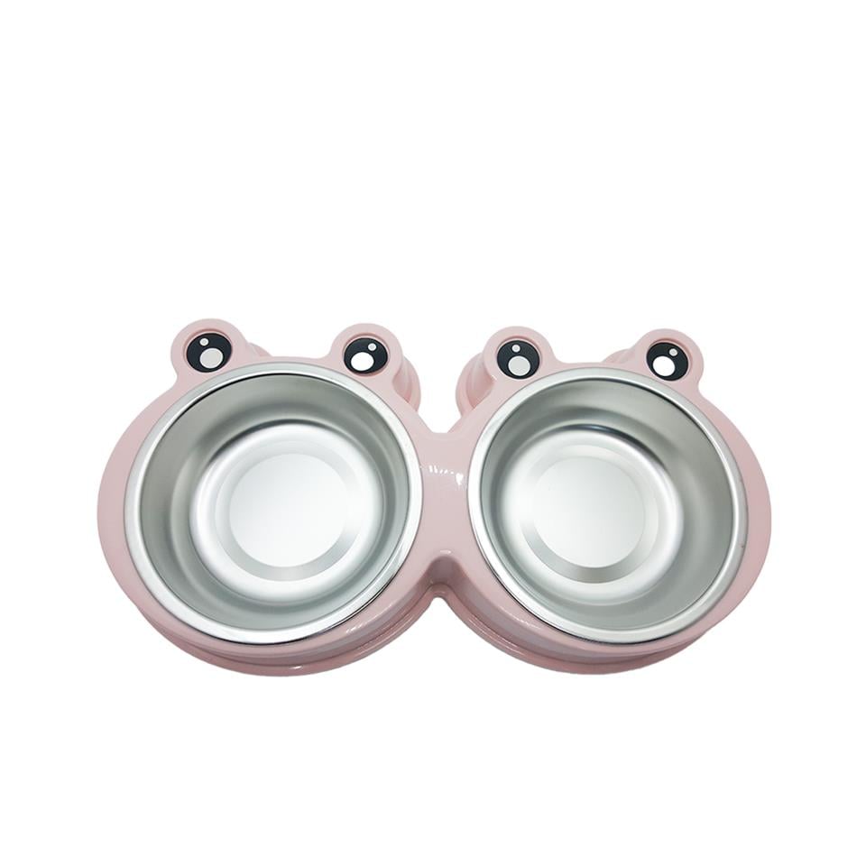 Kurbağa Şekilli Çelik Tabaklı İkili Mama ve Su Kabı Pembe 230 Ml
