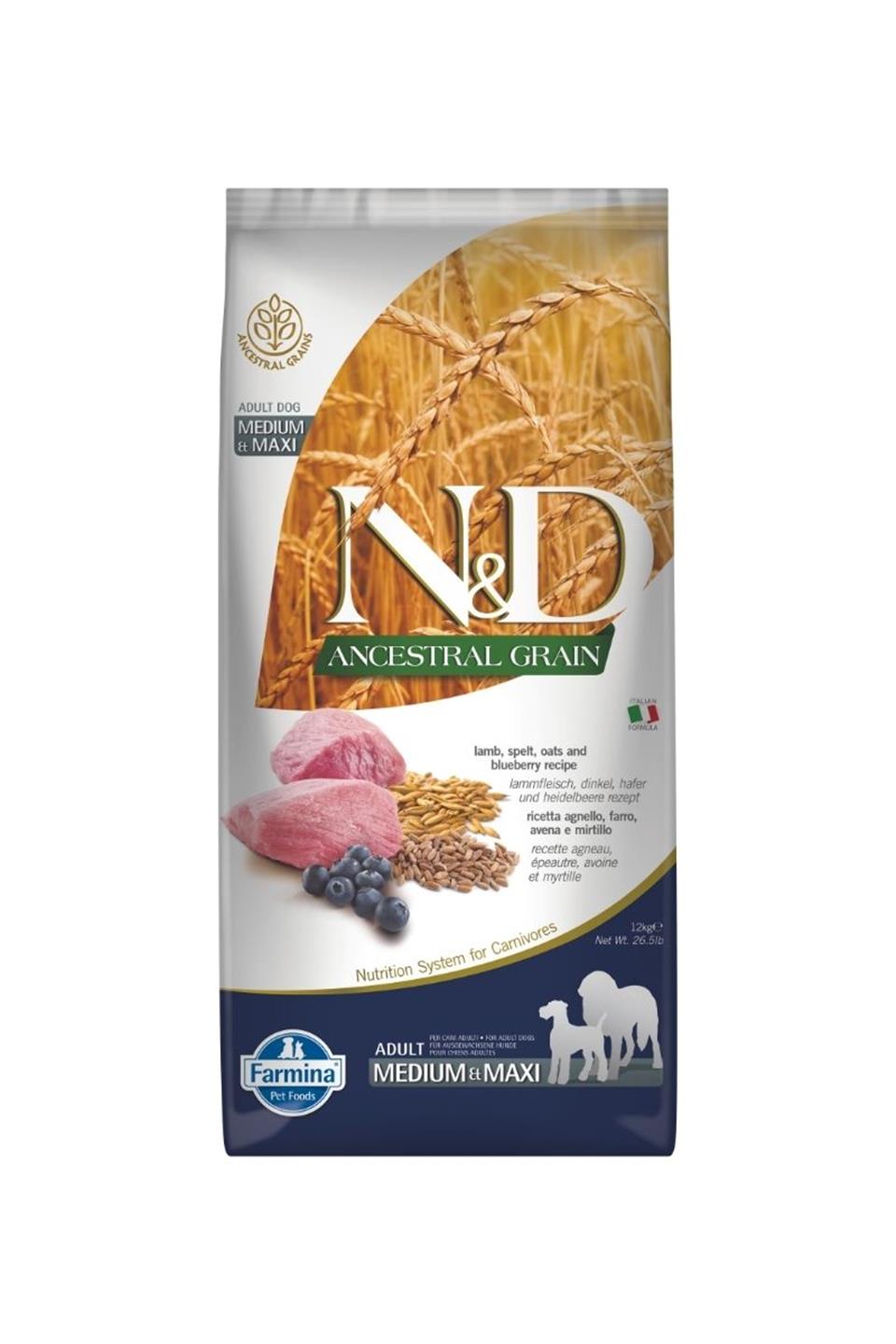 N&D Ancestral Grain Kuzu, K.Buğday, Yulaf & Yabanmersini Orta ve İri Irk Yetişkin Köpek Maması 12 Kg 