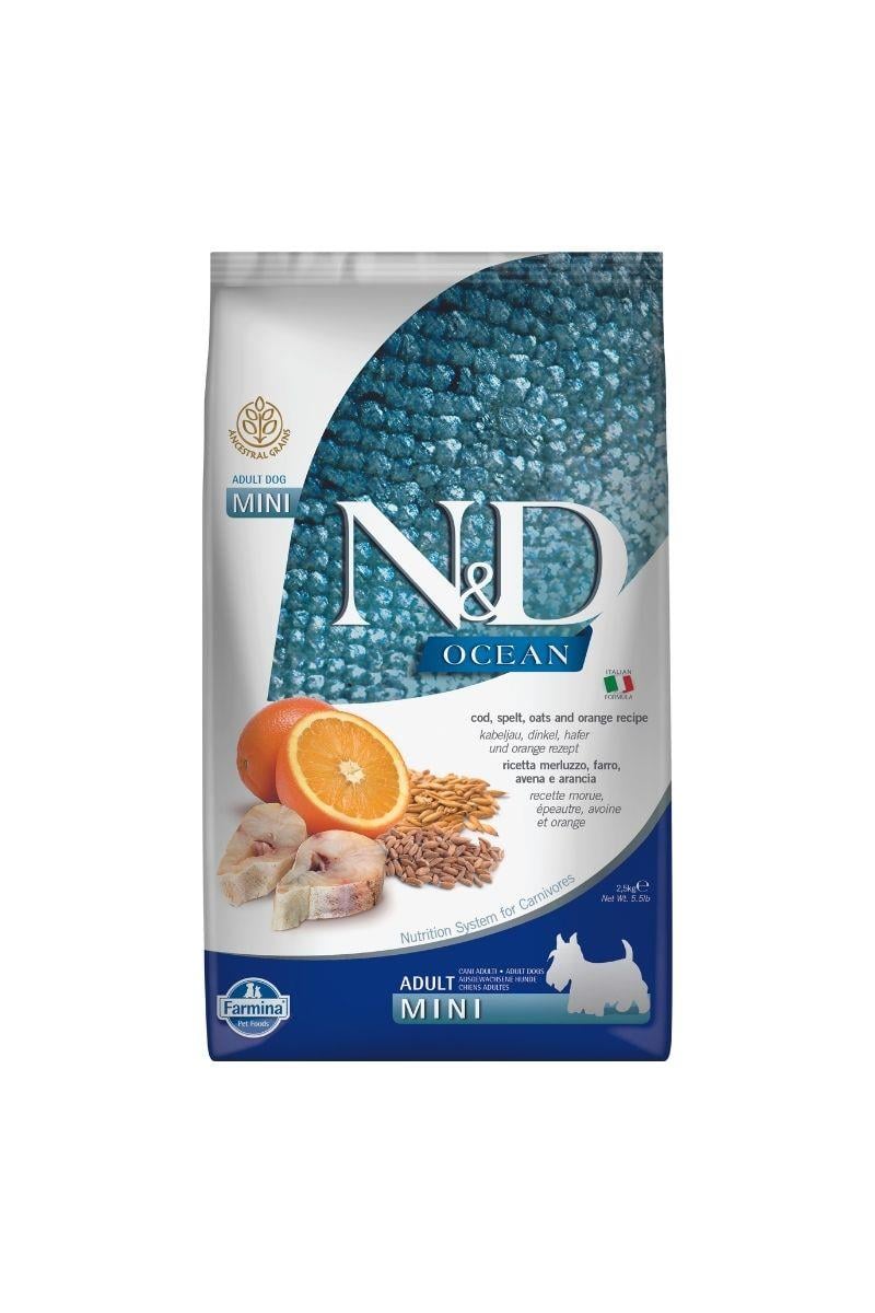 N&D Ocean Morina Balıklı & K.Buğday,Yulaf Portakal Küçük Irk Yetişkin Köpek Maması 2,5Kg 