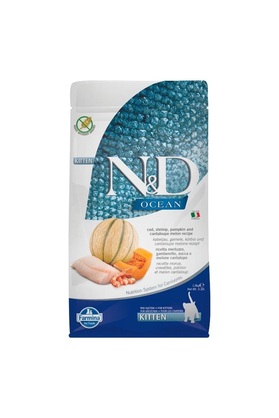 N&D Ocean Morina Balıklı, Karides, Balkabağı, Kavunlu Yavru Kedi Maması 1,5 Kg