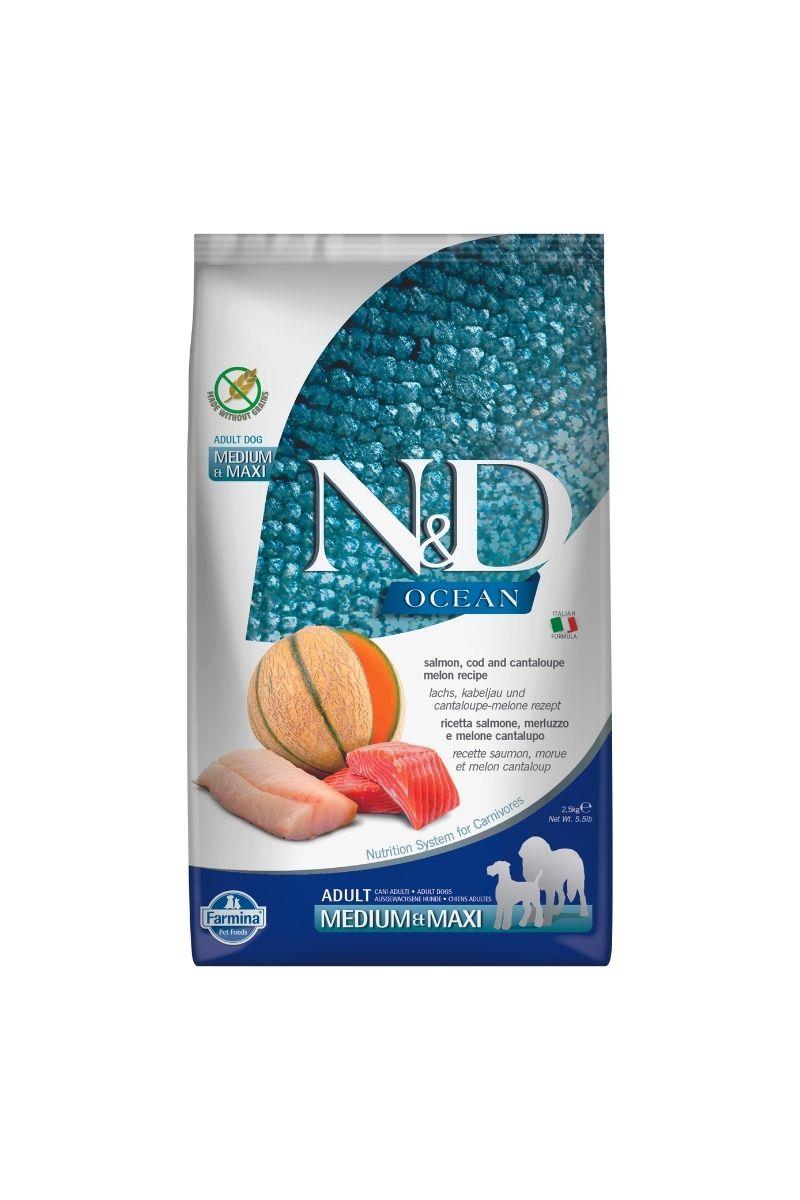 N&D Ocean Somon, Morina Balığı & Kavun Orta ve İri Irk Tahılsız Yetişkin Köpek Maması  2,5 Kg