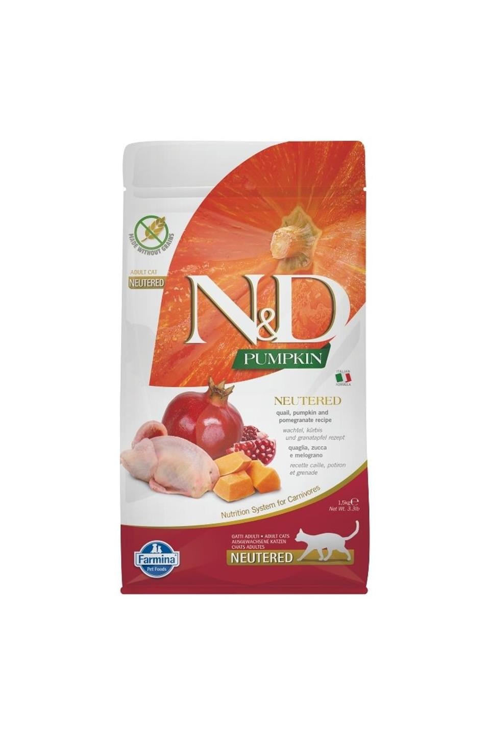 N&D Pumpkin Tahılsız Bıldırcın & Nar Kısırlaştırılmış Yetişkin Kedi Maması 1,5 Kg