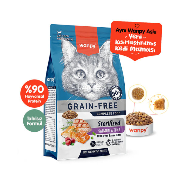 Wanpy Tahılsız Somonlu ve Ton Balıklı Kısırlaştırılmış Yetişkin Kedi Maması 1,5Kg
