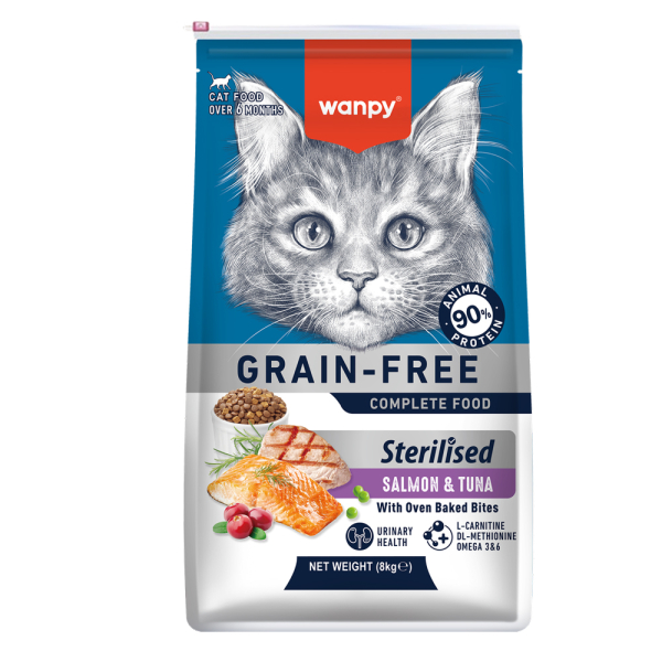 Wanpy Tahılsız Somonlu ve Ton Balıklı Kısırlaştırılmış Yetişkin Kedi Maması 8Kg