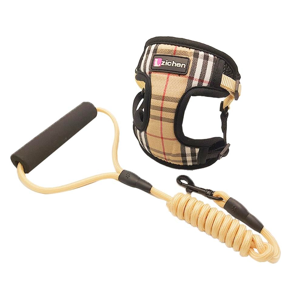 Zichen Kareli Kumaş Köpek Göğüs Tasma Seti Bej Small