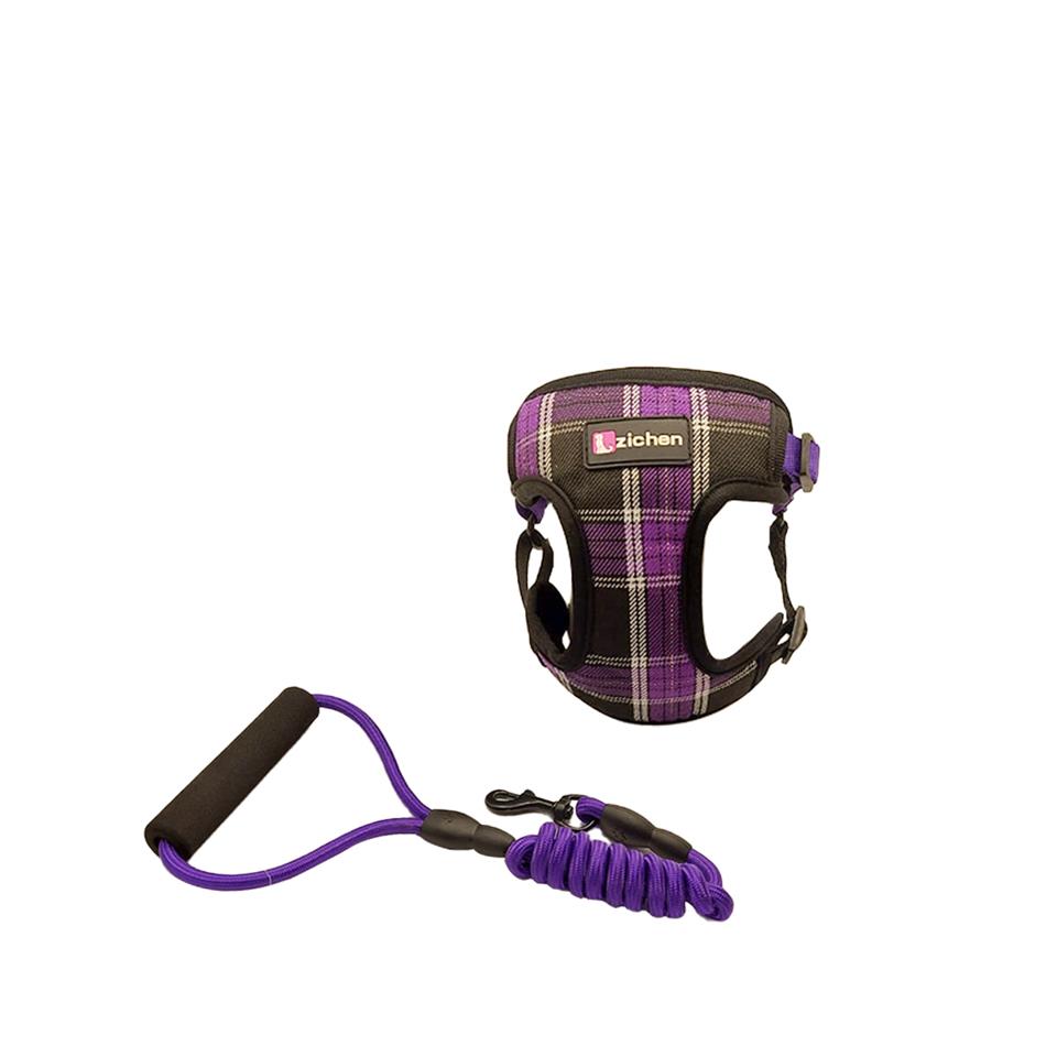 Zichen Kareli Kumaş Köpek Göğüs Tasma Seti Mor Medium