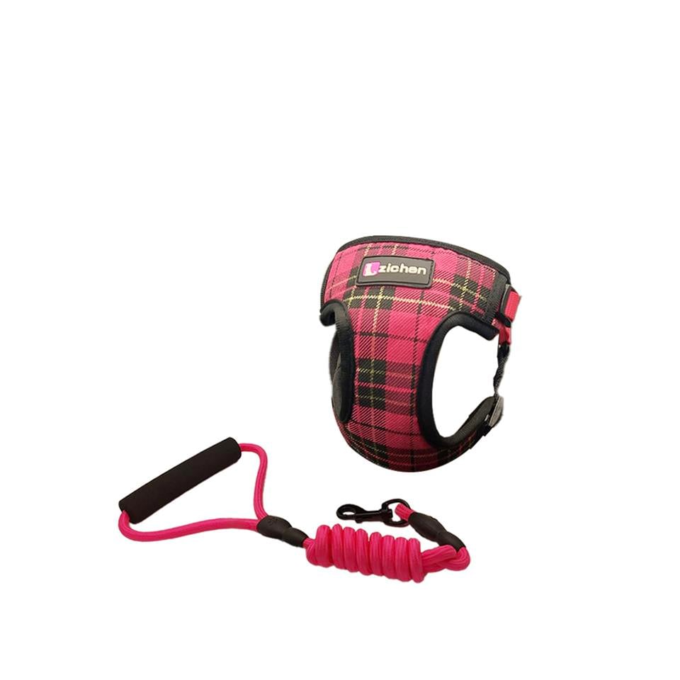 Zichen Kareli Kumaş Köpek Göğüs Tasma Seti Pembe Medium