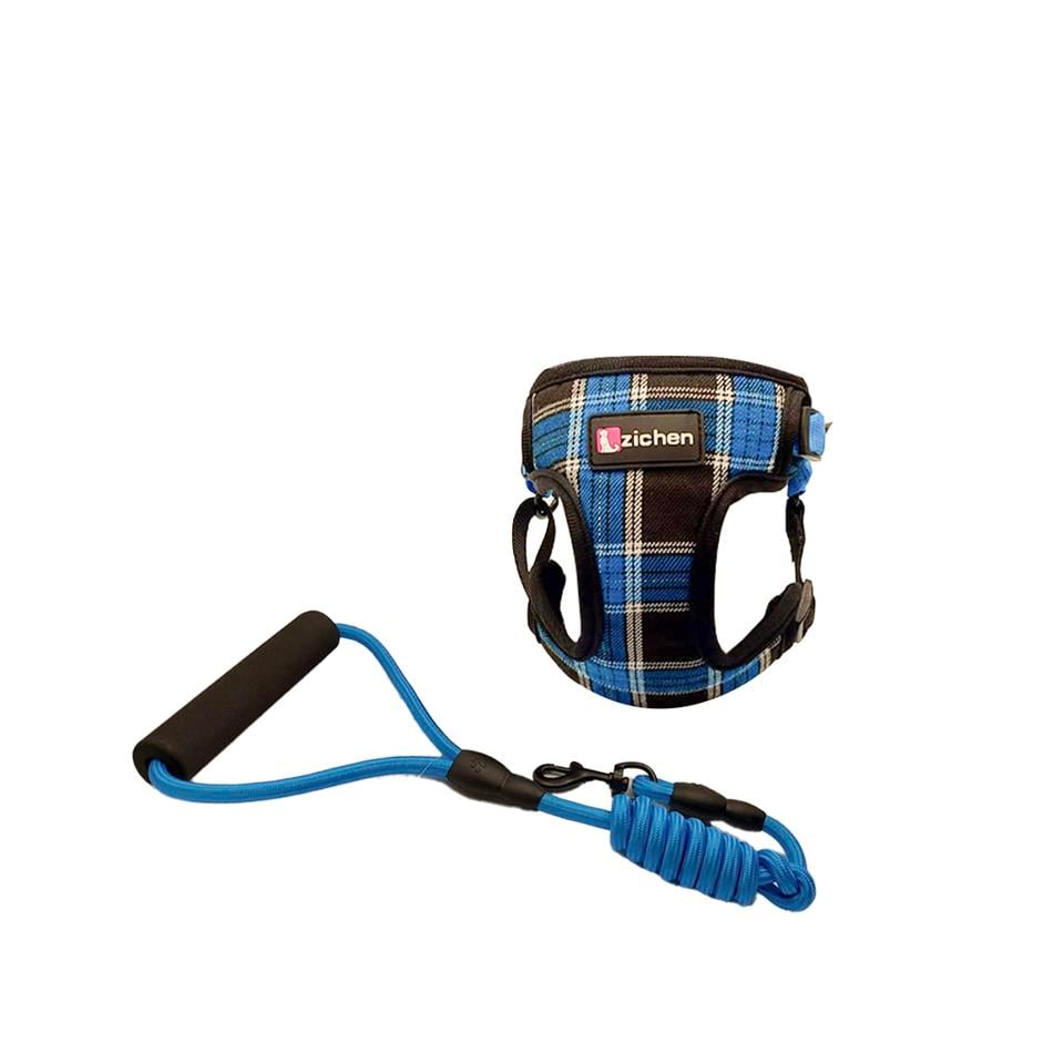 Zichen Kareli Kumaş Köpek Göğüs Tasma Seti Mavi Medium