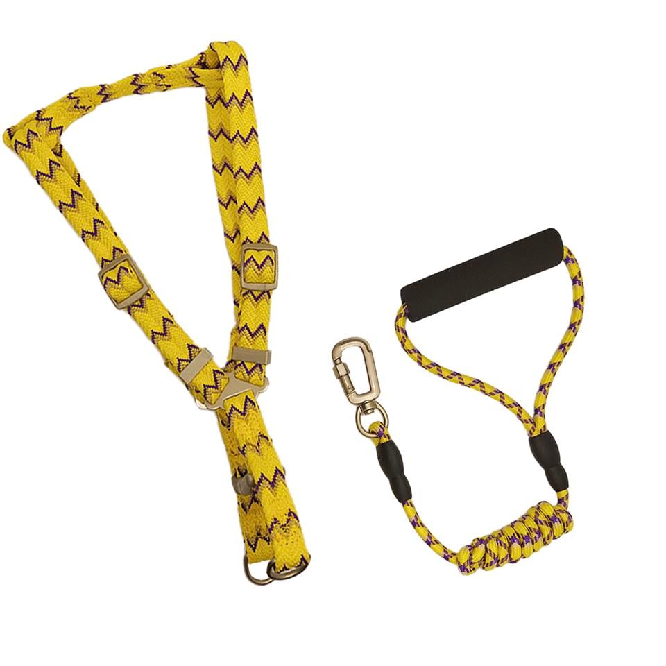 Zichen Lux Desenli Dokuma Kumaş Köpek Göğüs Tasma Seti Sarı Mor Medium