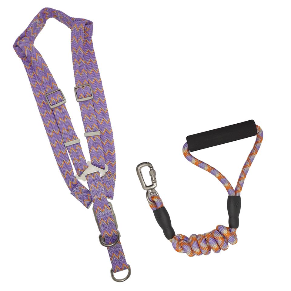 Zichen Lux Desenli Dokuma Kumaş Köpek Göğüs Tasma Seti Turuncu Mor Large