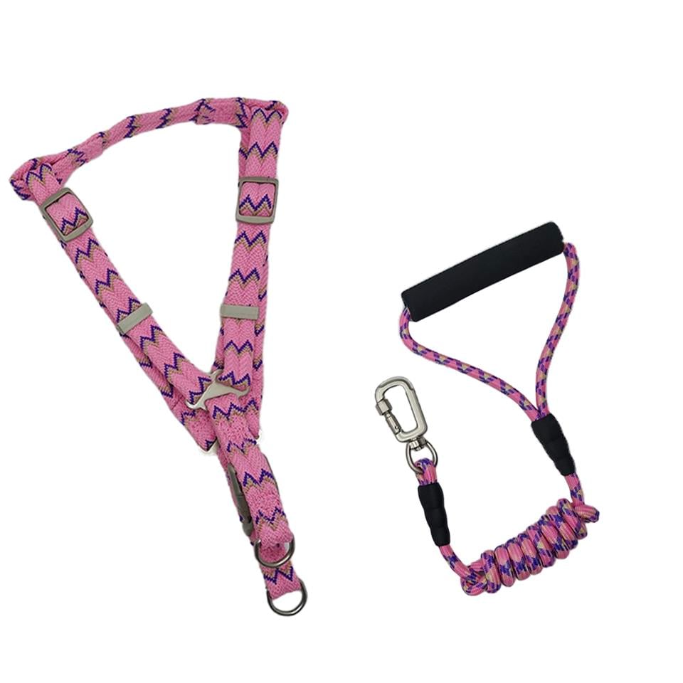 Zichen Lux Desenli Dokuma Kumaş Köpek Göğüs Tasma Seti Pembe Mor Medium