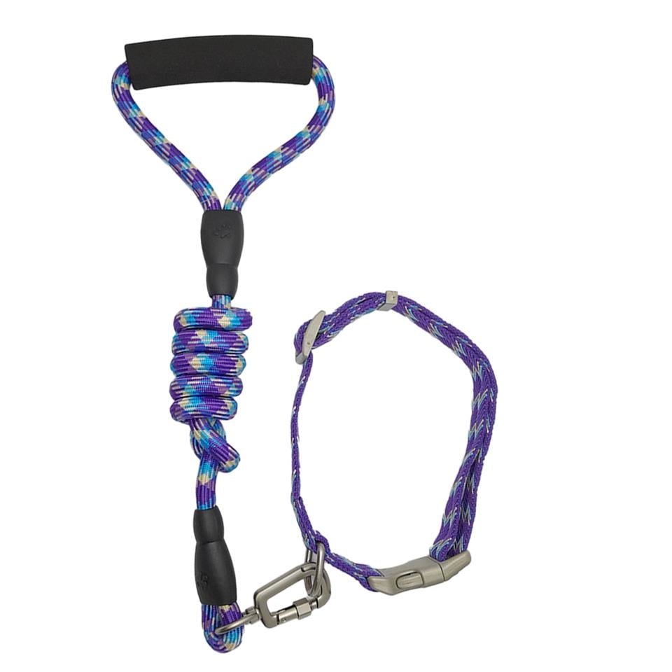 Zichen Lux Desenli Dokuma Kumaş Köpek Göğüs Tasma Seti Mavi Mor Large