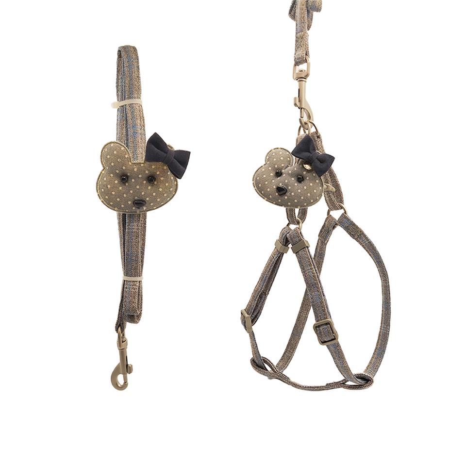 Zichen Sevimli Ayı Figürlü Köpek Göğüs Tasma Seti Gri Small