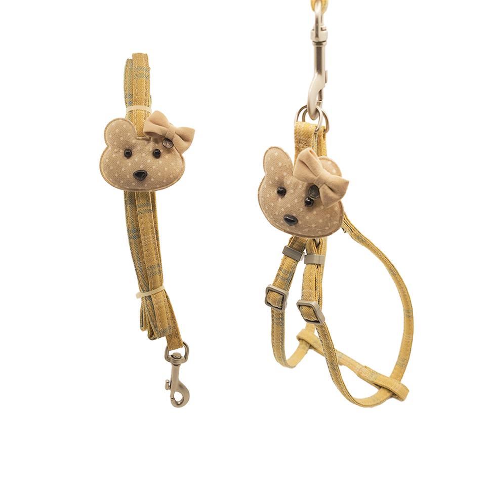 Zichen Sevimli Ayı Figürlü Köpek Göğüs Tasma Seti Sarı Small