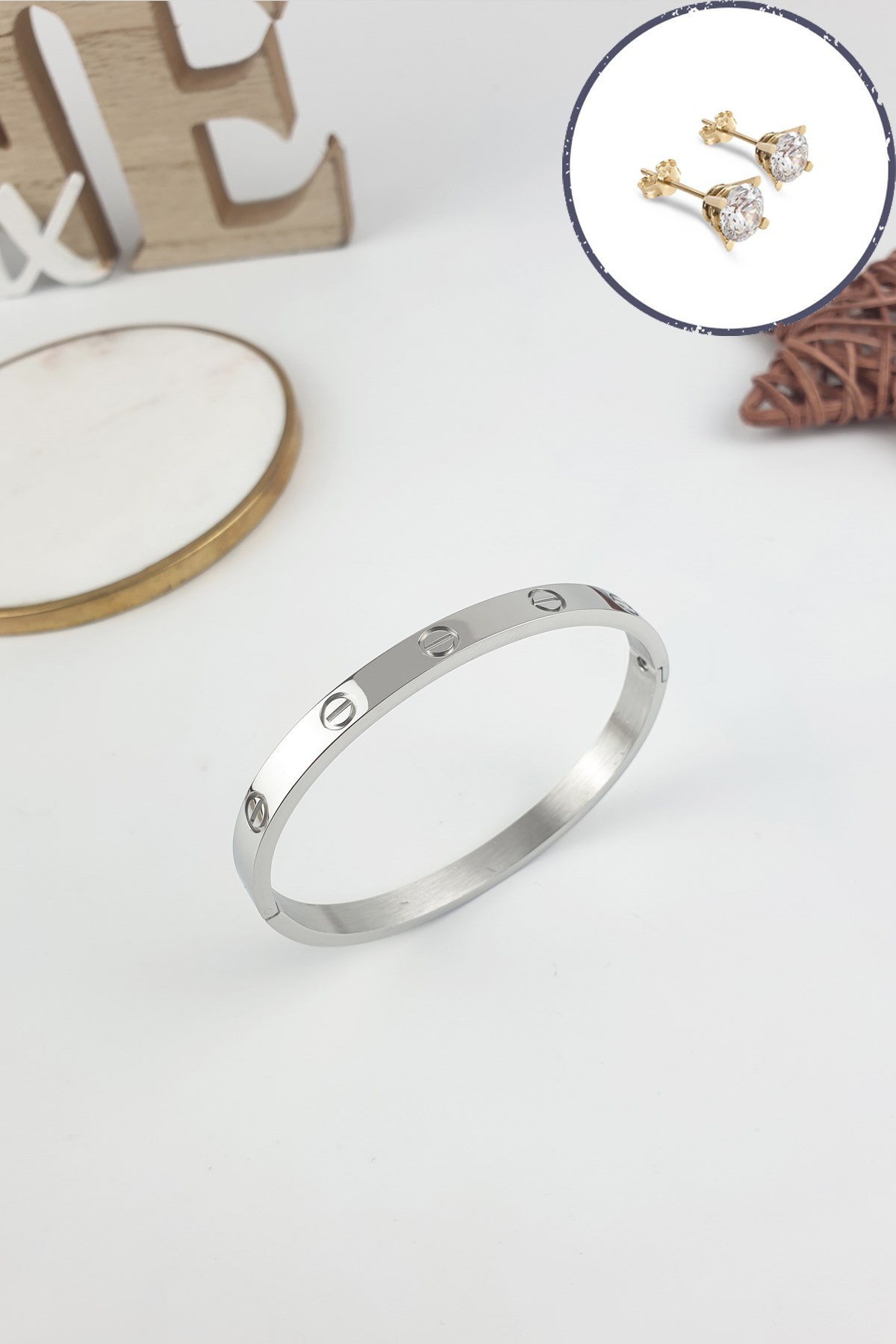 %100 Çelik Düz Kelepçe Bileklik (316 Steel) Zirkon Taşlı Küpe Hediyeli B500