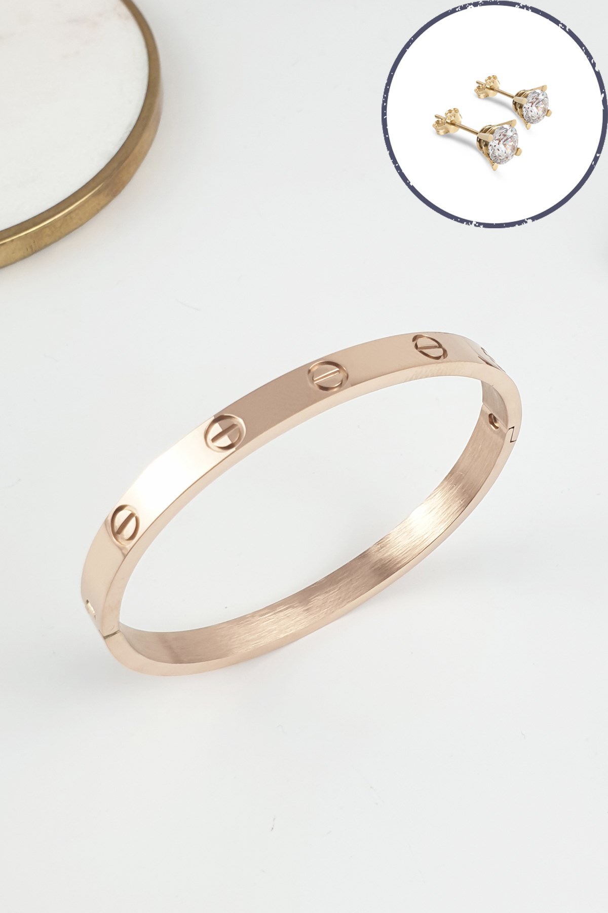 %100 Çelik Düz Kelepçe Bileklik (316 Steel) Zirkon Taşlı Küpe Hediyeli B500