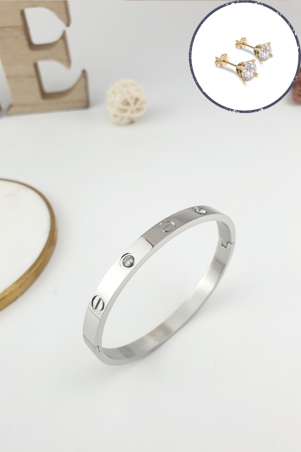 %100 Çelik Taşlı Kelepçe Bileklik (316 Steel) Zirkon Taşlı Küpe Hediyeli B500