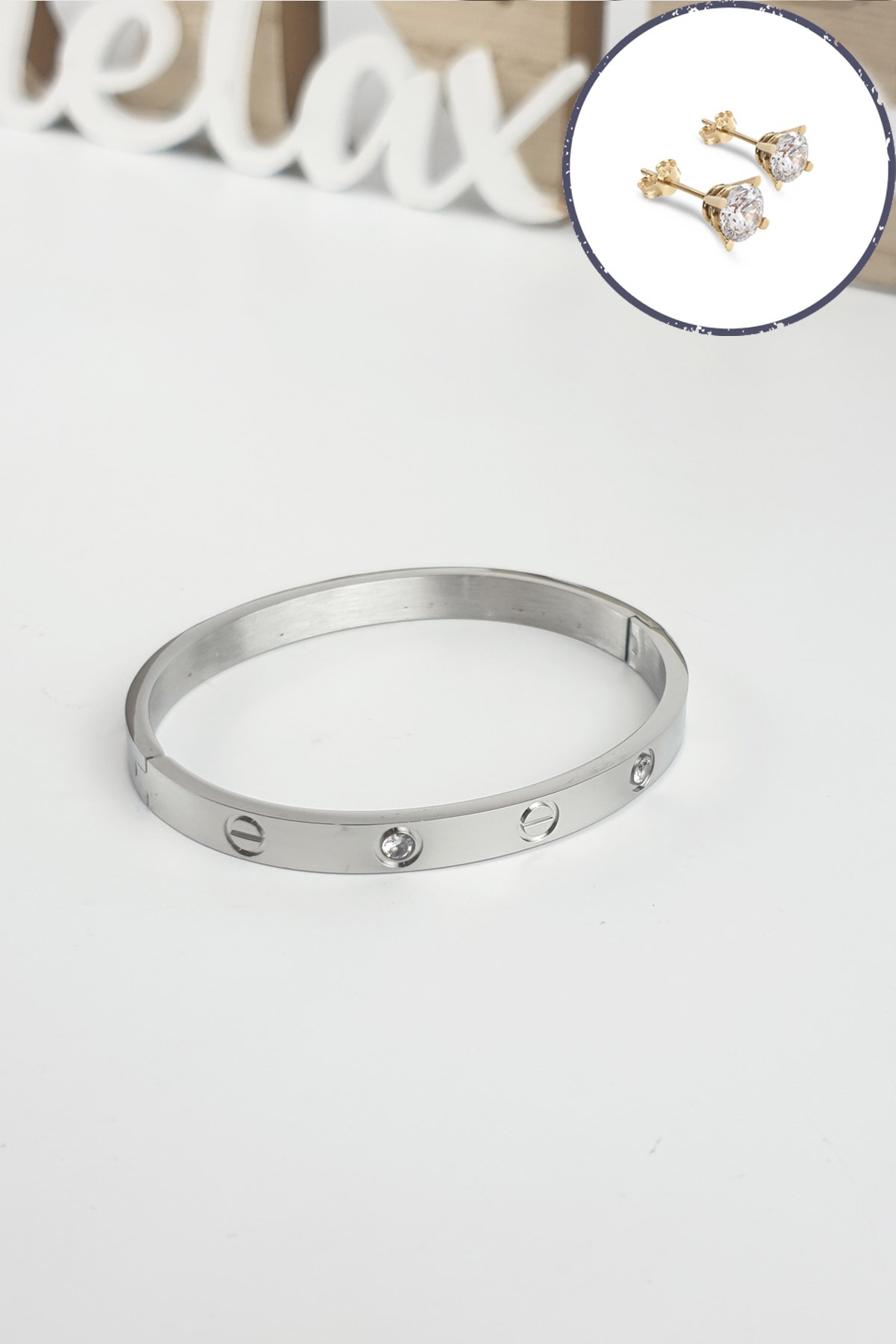 %100 Çelik Taşlı Kelepçe Bileklik (316 Steel) Zirkon Taşlı Küpe Hediyeli B500