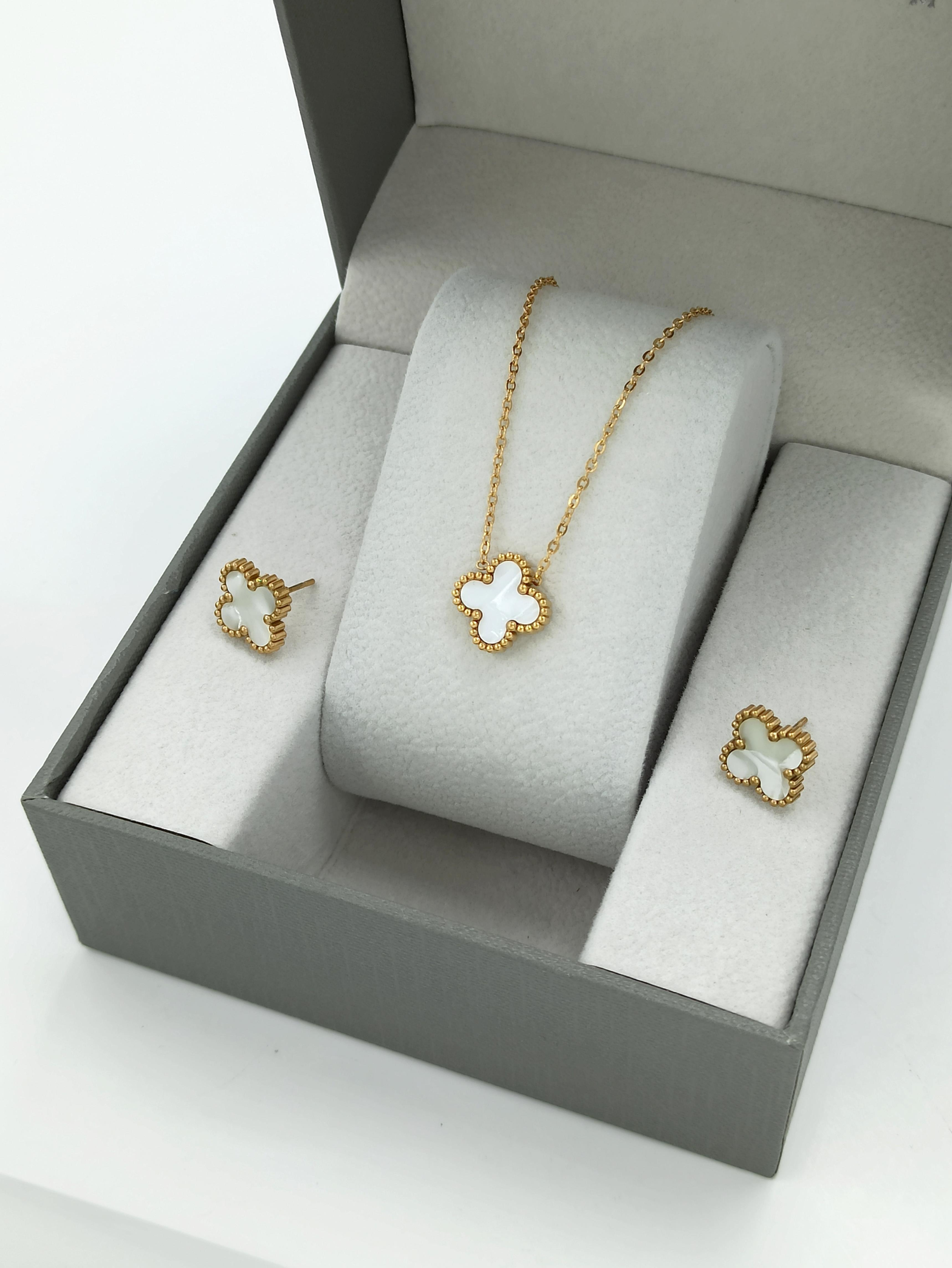 2li Çelik Çift Taraflı Sedefli Yonca Kolye Set Van Cleef Model Kolye Küpe Set 
