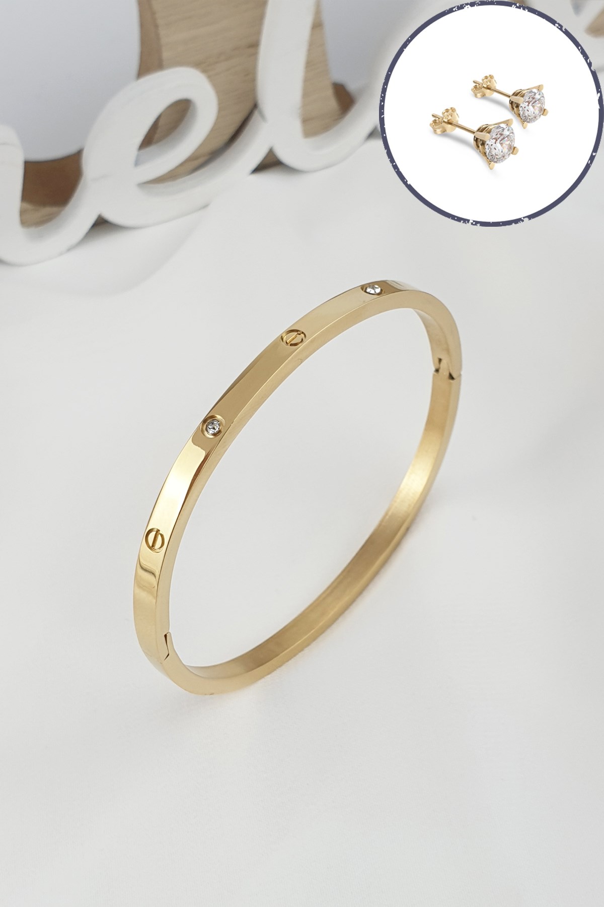 Çelik Kelepçe Taşlı İnce Bileklik (316 Steel) Zirkon Taşlı Küpe HediyeliB500