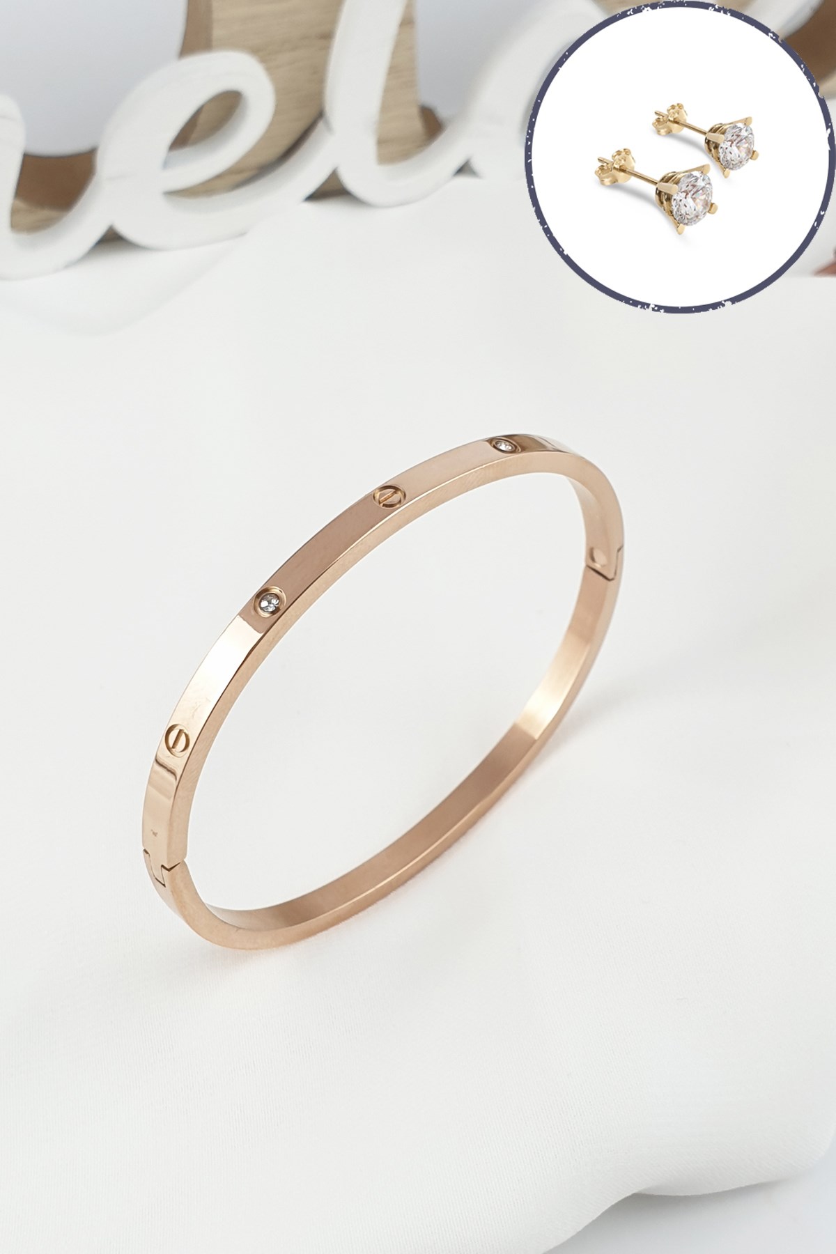 Çelik Kelepçe Taşlı İnce Bileklik (316 Steel) Zirkon Taşlı Küpe HediyeliB500