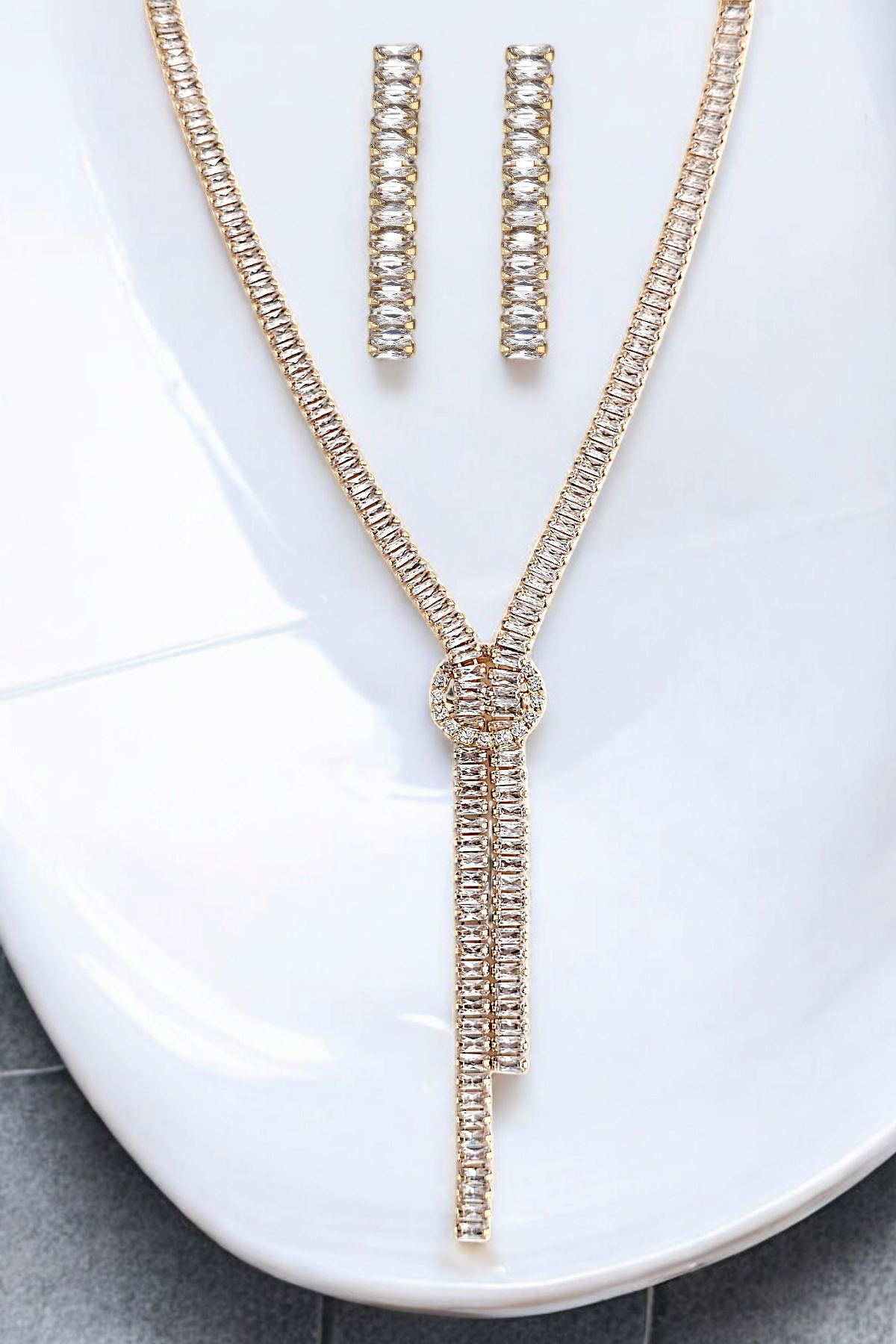 Premium Baget Taş Düğüm Abiye Kolye-Küpe Set