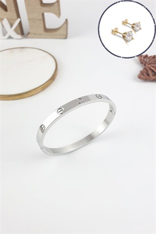 %100 Çelik Düz Kelepçe Bileklik (316 Steel) Zirkon Taşlı Küpe Hediyeli B500