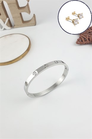 %100 Çelik Düz Kelepçe Bileklik (316 Steel) Zirkon Taşlı Küpe Hediyeli B500
