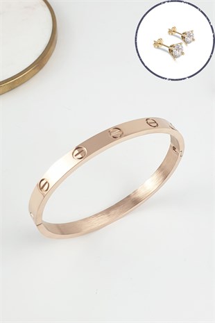 %100 Çelik Düz Kelepçe Bileklik (316 Steel) Zirkon Taşlı Küpe Hediyeli B500