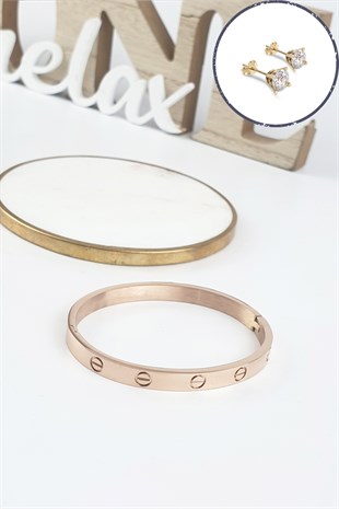 %100 Çelik Düz Kelepçe Bileklik (316 Steel) Zirkon Taşlı Küpe Hediyeli B500