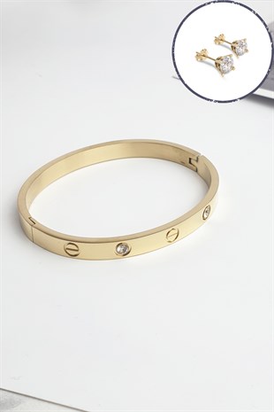 %100 Çelik Taşlı Kelepçe Bileklik (316 Steel) Zirkon Taşlı Küpe Hediyeli B500