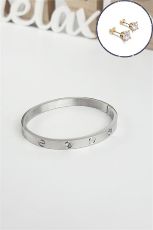 %100 Çelik Taşlı Kelepçe Bileklik (316 Steel) Zirkon Taşlı Küpe Hediyeli B500