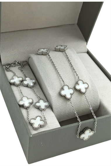 2lü Çelik Çift Taraflı Sedefli Yonca Kolye Set Van Cleef Model Kolye Bileklik Set 