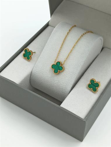 2li Çelik Çift Taraflı Sedefli Yonca Kolye Set Van Cleef Model Kolye Küpe Set 