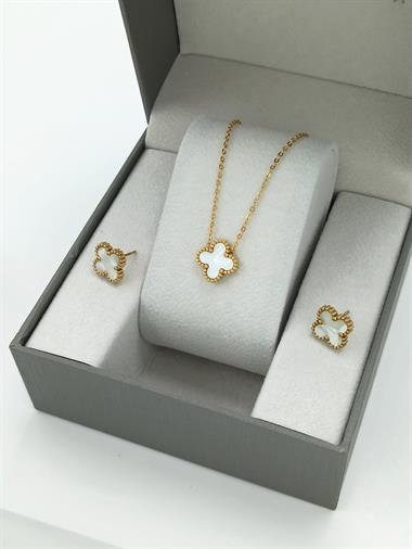 2li Çelik Çift Taraflı Sedefli Yonca Kolye Set Van Cleef Model Kolye Küpe Set 