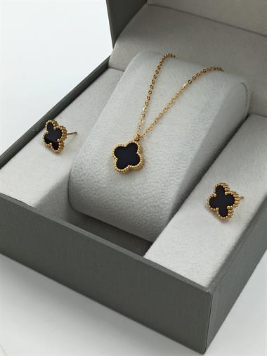 2li Çelik Çift Taraflı Sedefli Yonca Kolye Set Van Cleef Model Kolye Küpe Set 