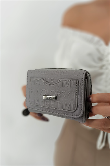 3+2 Gofraj Baskılı Cep Kapaklı Cüzdan Gri TrCüzdanP505