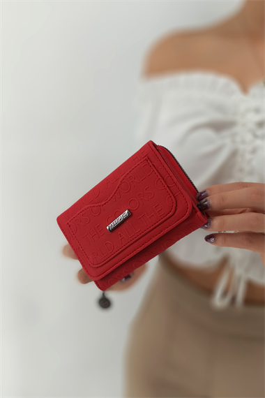 3+2 Gofraj Baskılı Cep Kapaklı Cüzdan Kırmızı TrCüzdanP505