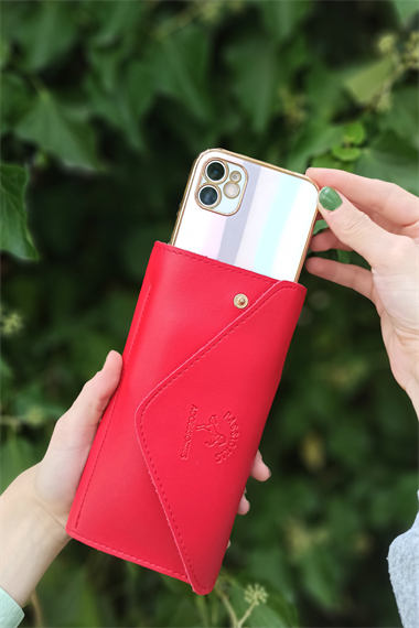 5+5 İnce Yumuşak Deri Telefonluklu Zarf Cüzdan Kırmızı TrCüzdan073