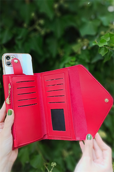 5+5 İnce Yumuşak Deri Telefonluklu Zarf Cüzdan Kırmızı TrCüzdan073