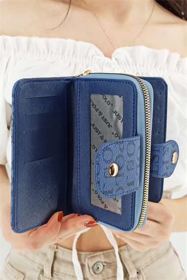 5+5 Kredi Kart Bölmeli Baskılı Çift Taraflı Orta Boy Bayan Cüzdan Mavi TrCüzdanJ010