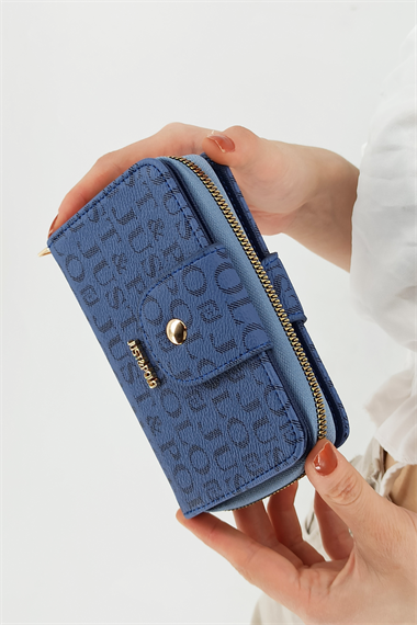 5+5 Kredi Kart Bölmeli Baskılı Çift Taraflı Orta Boy Bayan Cüzdan Mavi TrCüzdanJ010