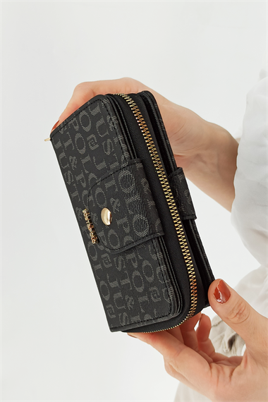 5+5 Kredi Kart Bölmeli Baskılı Çift Taraflı Orta Boy Bayan Cüzdan Siyah TrCüzdanJ010