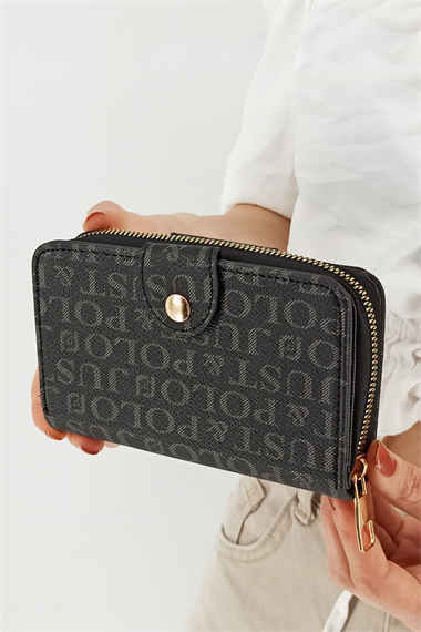 5+5 Kredi Kart Bölmeli Baskılı Çift Taraflı Orta Boy Bayan Cüzdan Siyah TrCüzdanJ010