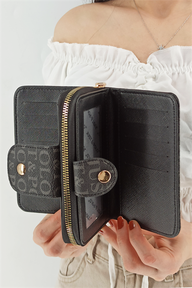 5+5 Kredi Kart Bölmeli Baskılı Çift Taraflı Orta Boy Bayan Cüzdan Siyah TrCüzdanJ010