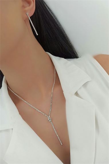 Abiye Kolye Küpe Set Taşlı Su Yolu Kolye Küpe Set TrKolye5972